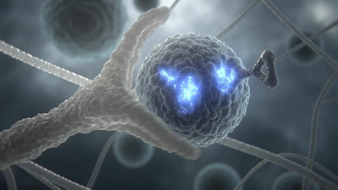 Anticorpi triangolari che si legano, ameba che allunga lo pseudopodio e ingloba una cellula blu testurizzata nella matrice