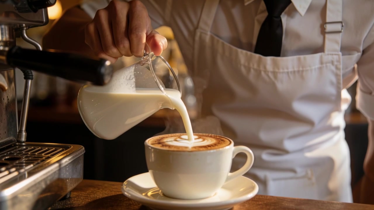 Ispezionando la tazza, un barista che indossa camicia, cravatta e grembiule solleva la lattiera al bar, versando latte art per servire.