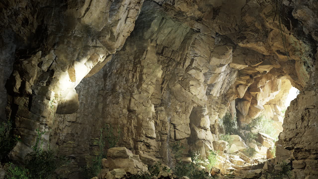 Light streaming through a natural cave in a serene wilderness setting