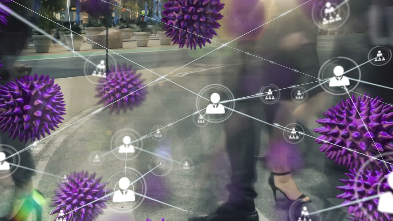 animación de células macro coronavirus covid-19 que se extienden por una calle con personas caminando