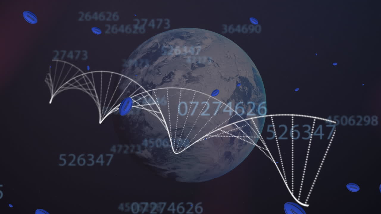 흑색 바탕에 있는 지구상에 있는 숫자, 공, dna의 애니메이션