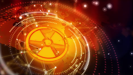 yellow icon symbol radiation danger on dark background and world map. informational round hud elements. animation of points and plexus lines. looped seamless.