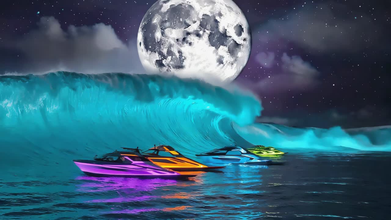 Boats on the Ocean at Night Under the Moon