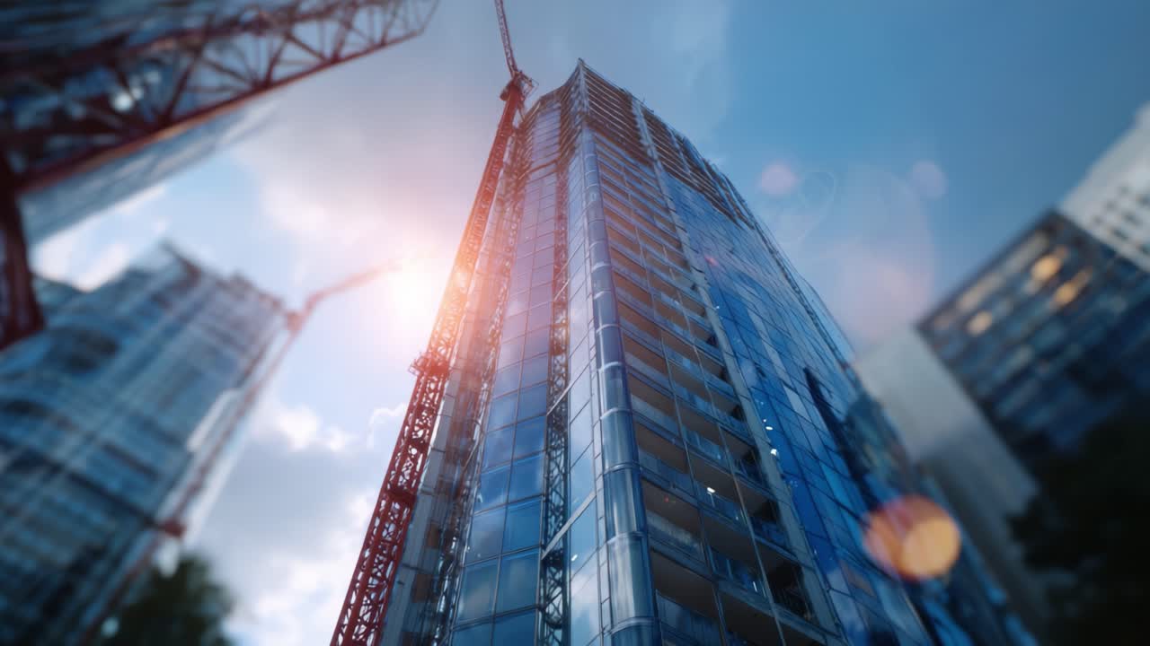 Una vista dinámica de un edificio de gran altura en construcción mostrando arquitectura moderna con grúas, fachadas de cristal y desarrollo urbano contra un cielo nublado.