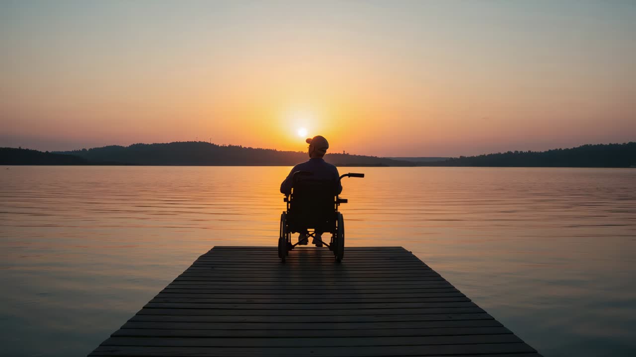 Shifting man in manual wheelchair wearing cap and shirt adjusting with sun nearing horizon on dock