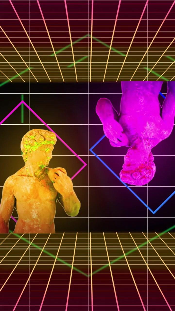 Animazione di una statua maschile glitchata e multicolore con rombi su sfondo a griglia nero.