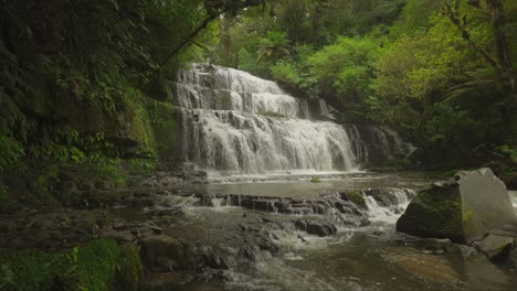 Purakaunui-Falls-flowing-in-lush-natural-environment-of-Catlins,-New-Zealand