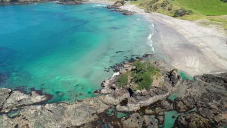 beautiful aerial panoramic reveal of paradise sandy beach over rocky formation, sunny day at elliot bay, new zealand