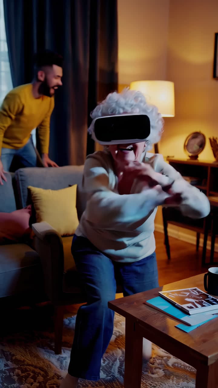 abuela jugando al juego vr con la familia