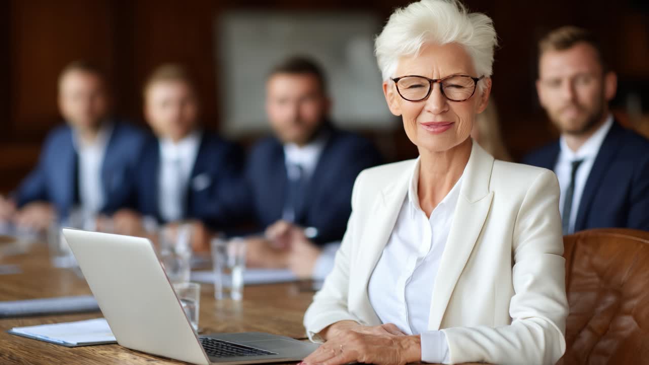 Confident Businesswoman Leading Discussion in Formal Meeting Surrounded by Colleagues in Professional Attire, Radiating Leadership and Authority
