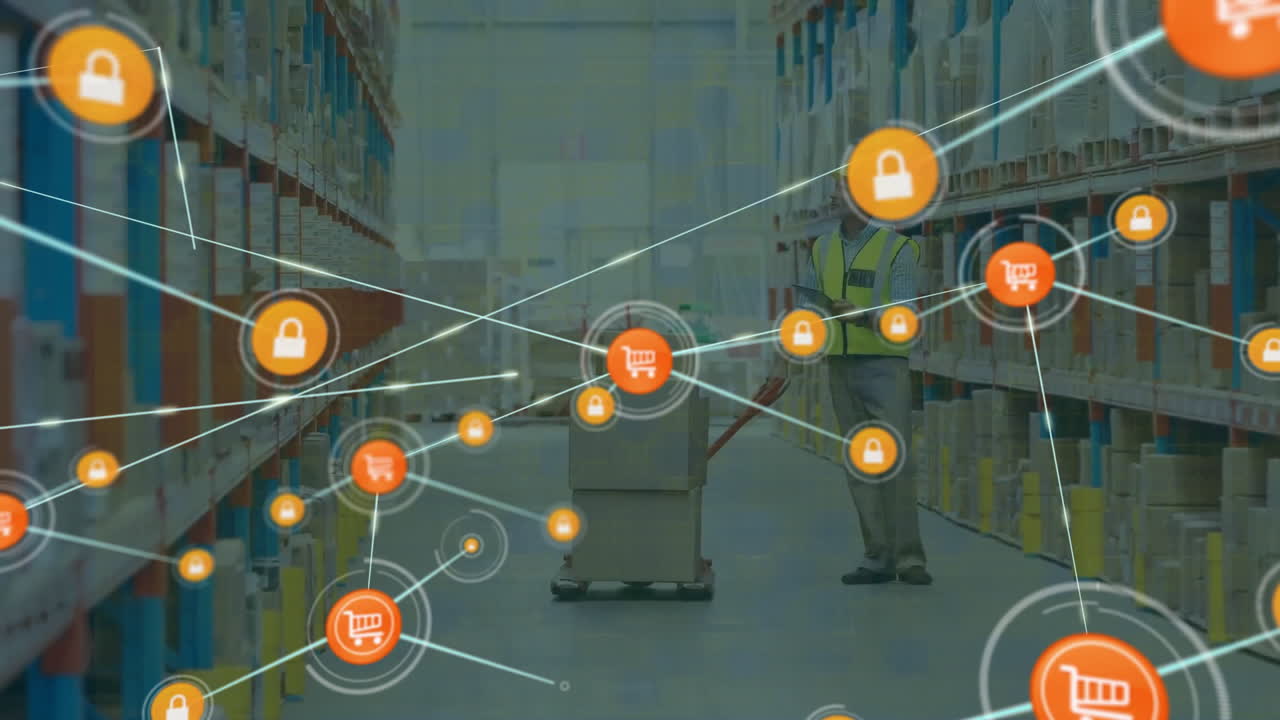 animación de iconos conectados, trabajadores caucásicos con cajas de cartón en el carrito mirando el inventario