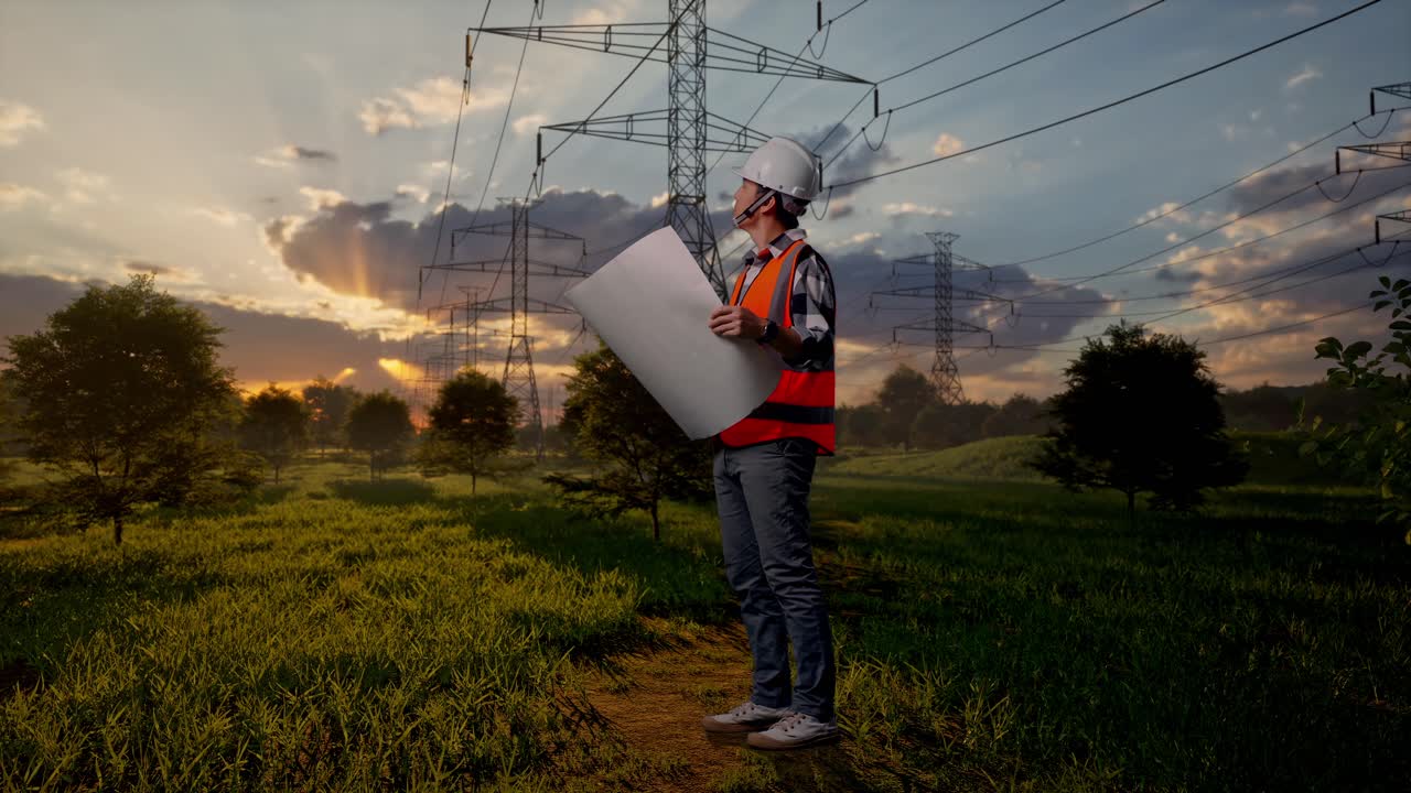 Engenheiro examinando projetos perto de linhas de energia ao pôr do sol