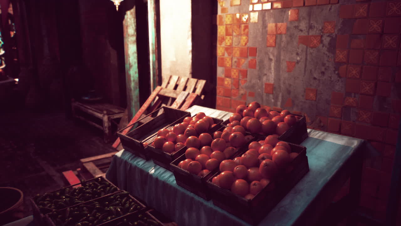 un puesto con cajas de tomates rojos y pimientos verdes