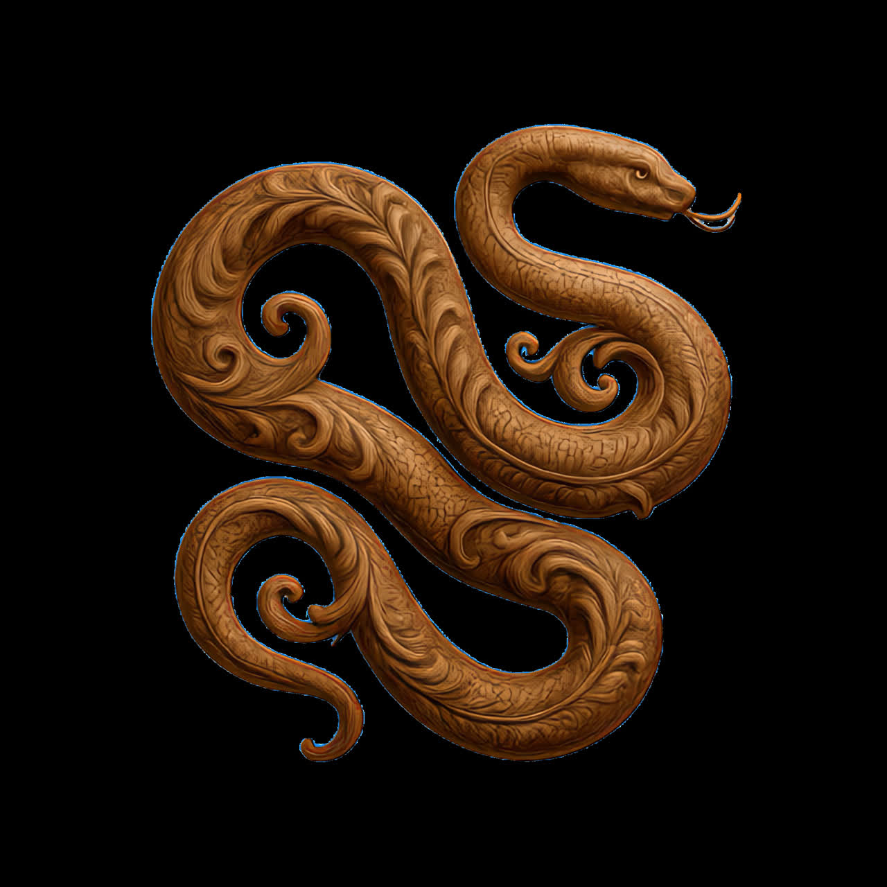 Animazione di design intagliato di serpente in legno intricato, risorsa isolata, video 4K trasparente, canale alfa