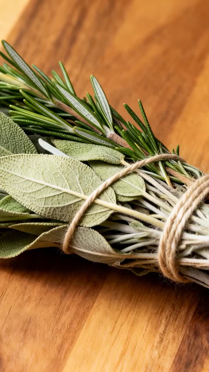 Video verticale: panoramica su rosmarino e salvia legati su un tagliere in cucina con spago di iuta e steli tagliati