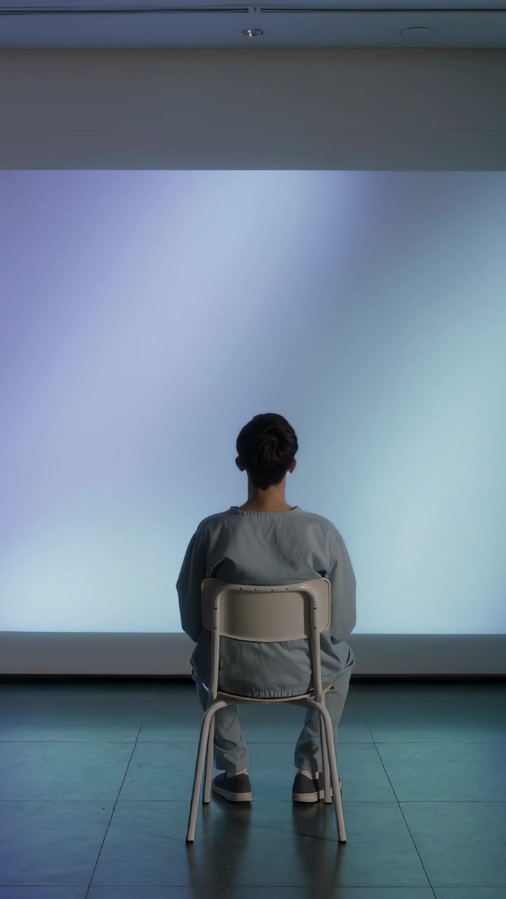 Vertical video: Watching seated adult in scrubs in tiled room as projection shifting, metal chair