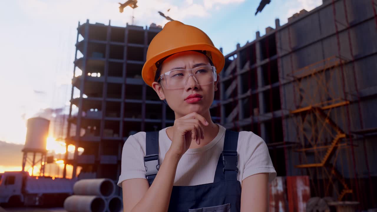 Close Up Of Asian Woman Worker Wearing Goggles And Safety Helmet Thinking About Something And Looking Around While Standing At Construction Site