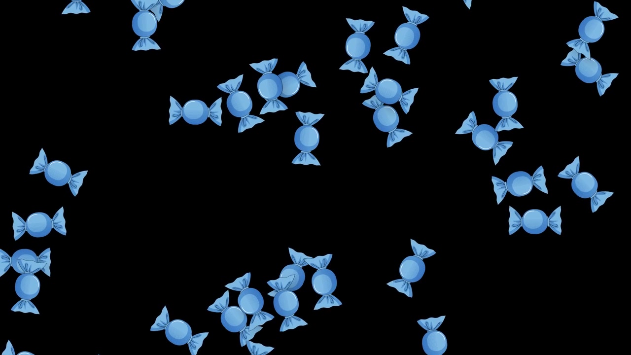 Caramelle incartate blu cadono verticalmente su uno sfondo nero in un'animazione a ciclo continuo
