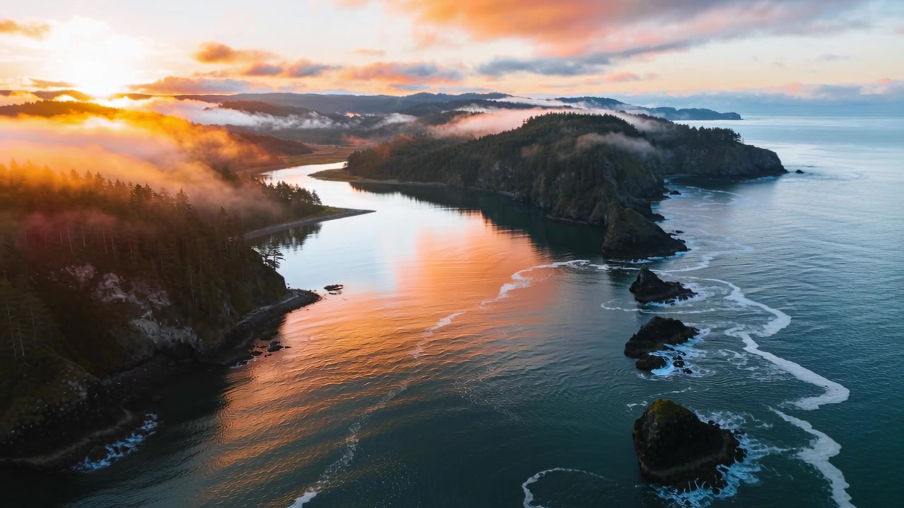 Launching drone gliding over tree-covered headland revealing inlet and sea stacks at golden hour