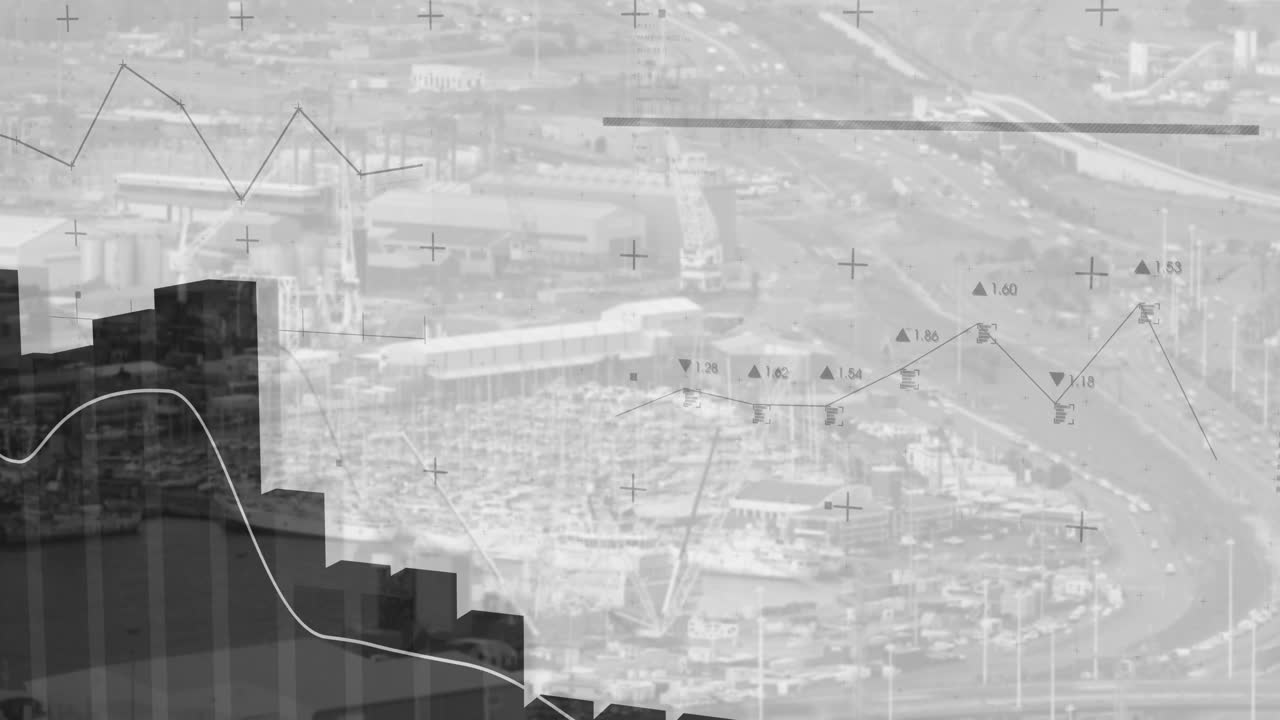 Dark 3D bar chart visualizing harbor activity trends, overlaying line graph and crosshair icons