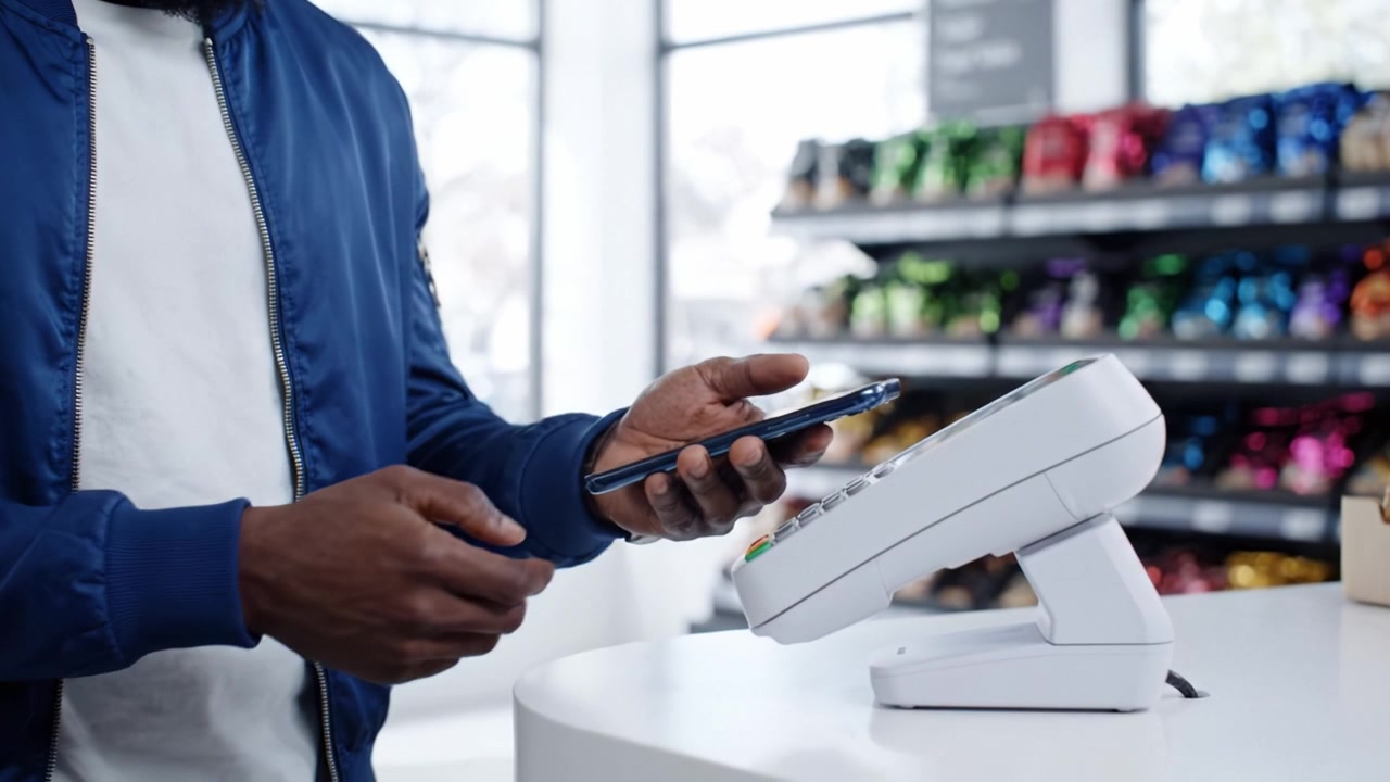 Um cliente fazendo um pagamento sem contato usando um smartphone em um terminal de ponto de venda moderno em um ambiente de varejo iluminado repleto de mercadorias coloridas