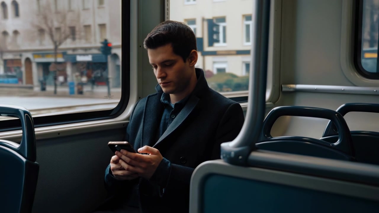 White Man Commuting Tram Scrolling Phone During Morning Commute With City Streets Passing Outside Window.