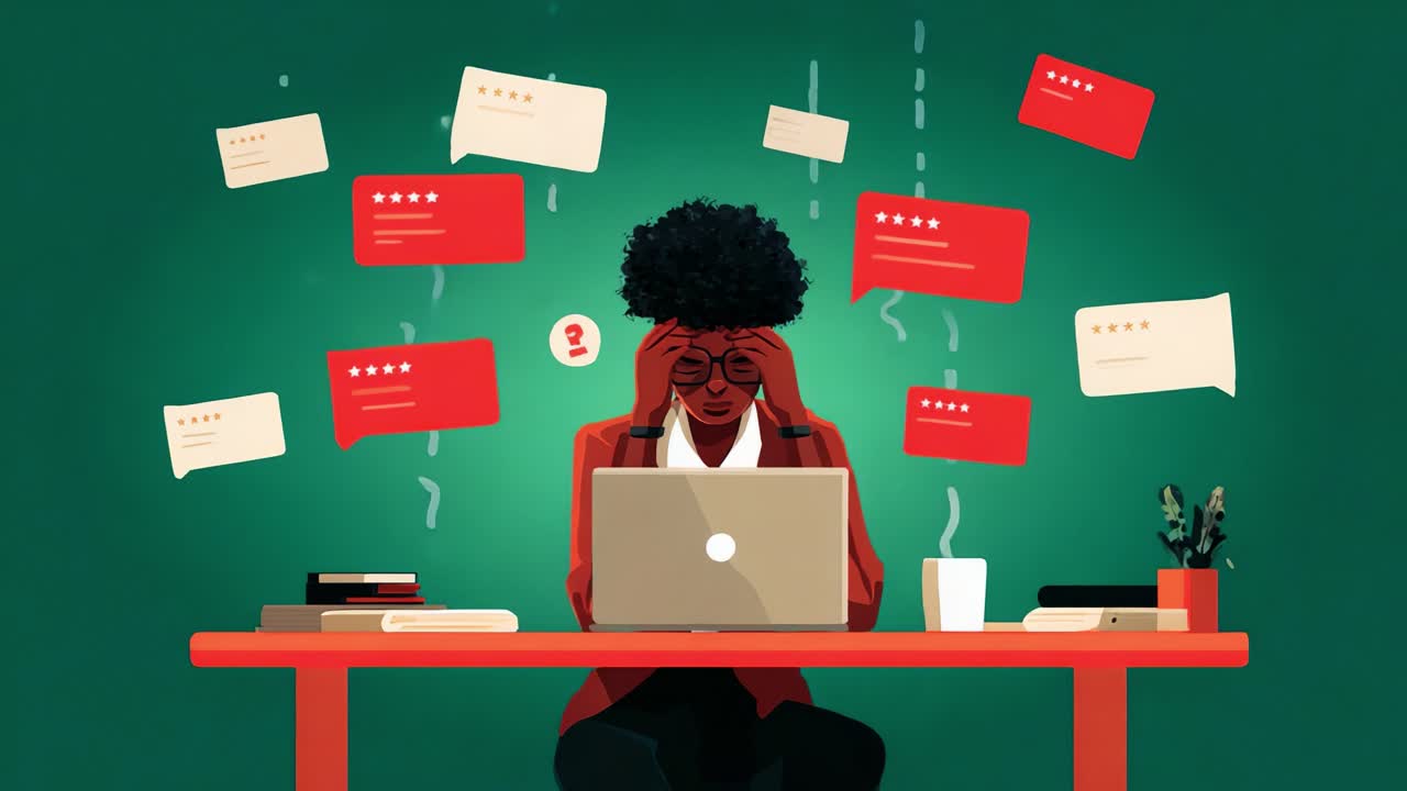 A frustrated individual grappling with overwhelming feedback and reviews while working at a desk, illustrating the stress of managing opinions and expectations in a modern workspace