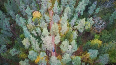 aerial view in 4k a car driving up curvy country grawel road through colorful autumn forest