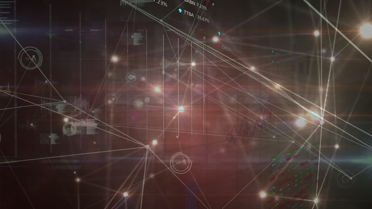 Animation of data processing and network of connections on black background