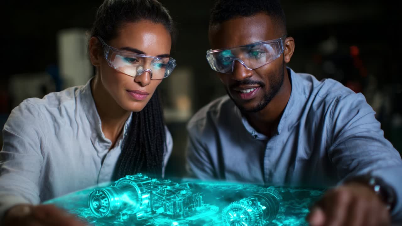 Innovative Engineers Analyzing Advanced Holographic Model of Automotive Technology and Mechanics in a Modern Laboratory Environment with a Focus on Collaboration and Innovation