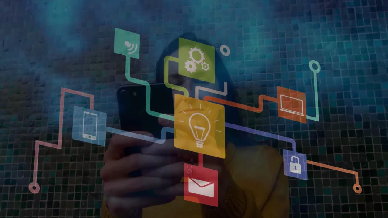 스마트 폰을 사용하는 여성에 대한 데이터 처리 및 연결의 애니메이션