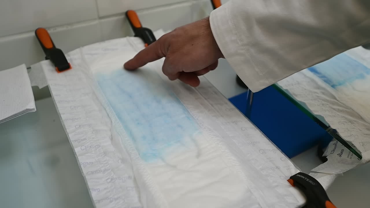 Researcher's hand checking the absorption of the inner layer in diaper with his finger. Male hand presses the napkin to the diaper and show that it's dry. Close up.