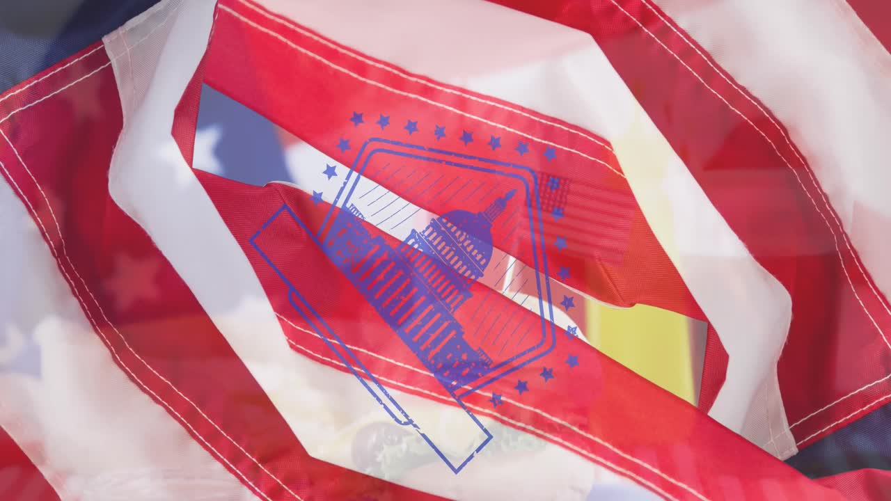 icono de la casa blanca contra el espacio de copia en el fondo de la bandera estadounidense