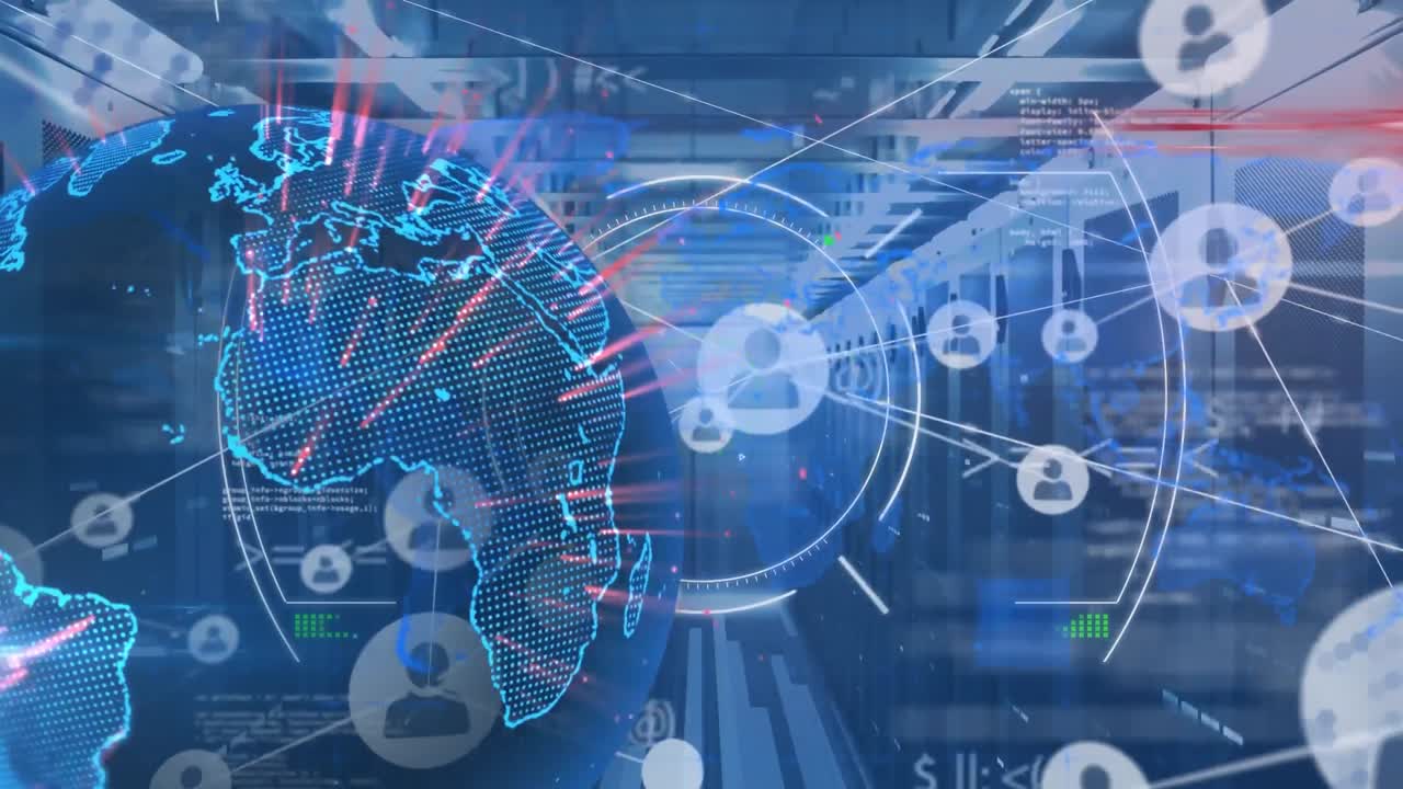 지구상의 애니메이션, 연결된 아이콘, 원, 컴퓨터 언어, 서버 의 상징