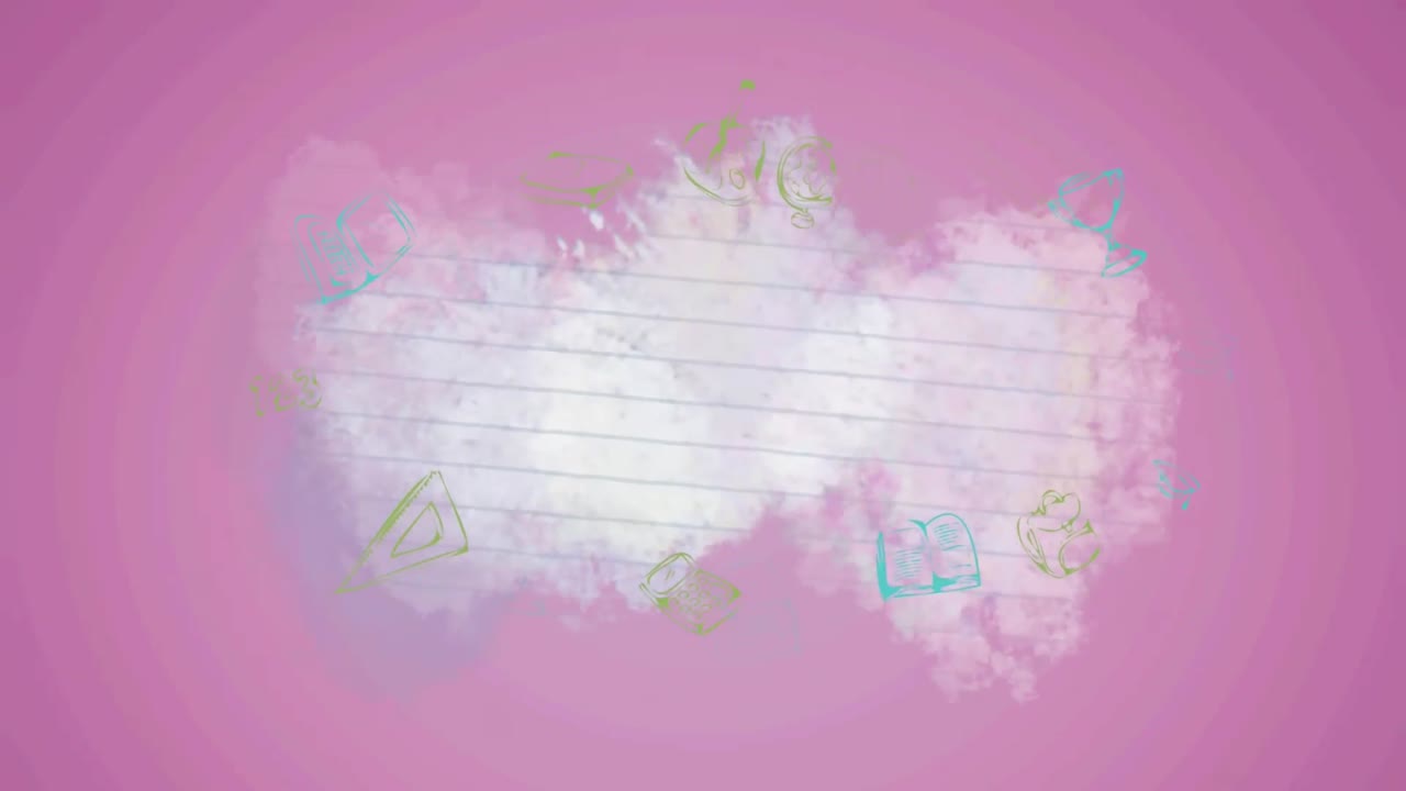 animación de los iconos de los artículos escolares en fondo rosa