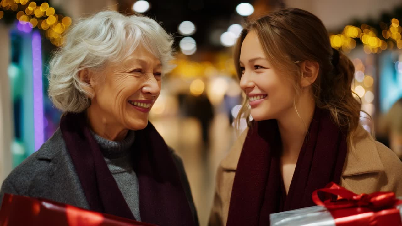 A Heartwarming Moment of Connection: Two Generations Sharing Joy and Laughter While Holding Holiday Gifts in a Festively Decorated Space Filled with Warm Lights and Cheerful Atmosphere
