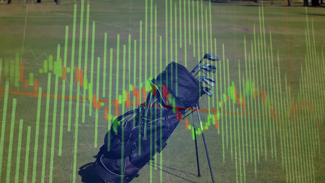 Camera moving in revealing golf bag rising while financial chart animating to show market trends