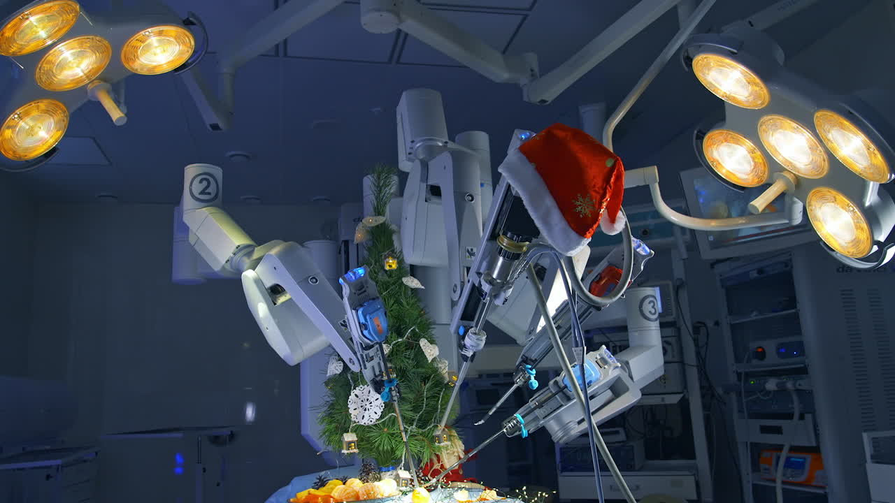 Operating table with Christmas ornaments and impressive robotic arms over it. Surgery room with Da Vinci system peeling tangerines and decorating fir-tree. Special surgery equipment at the background.