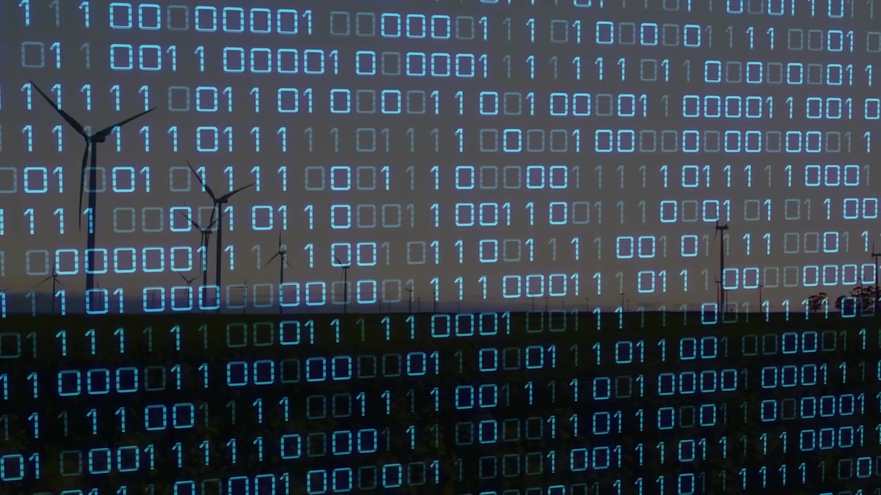 Blue binary overlay scrolling and flickering on data pulse, overlaying turbines to show energy flow