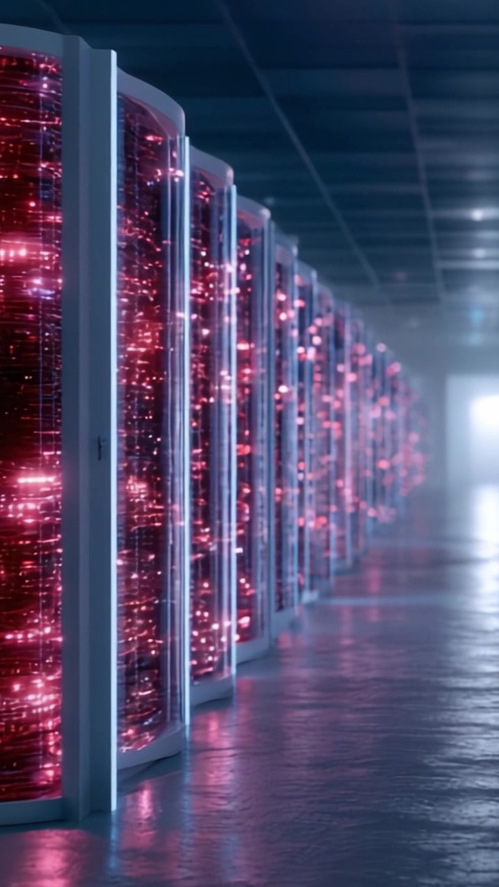 A Mesmerizing Array of Data Storage Units Illuminated with Vibrant Red Lights in a Modern, Spacious Data Center Environment