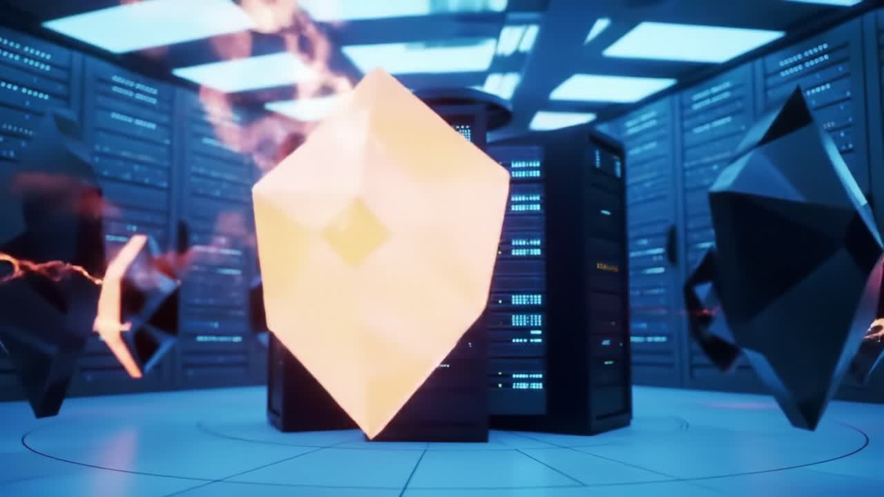 A futuristic server room featuring dynamic, multi-colored geometric shapes while energy pulses and flowing lights create an electrifying atmosphere filled with technology