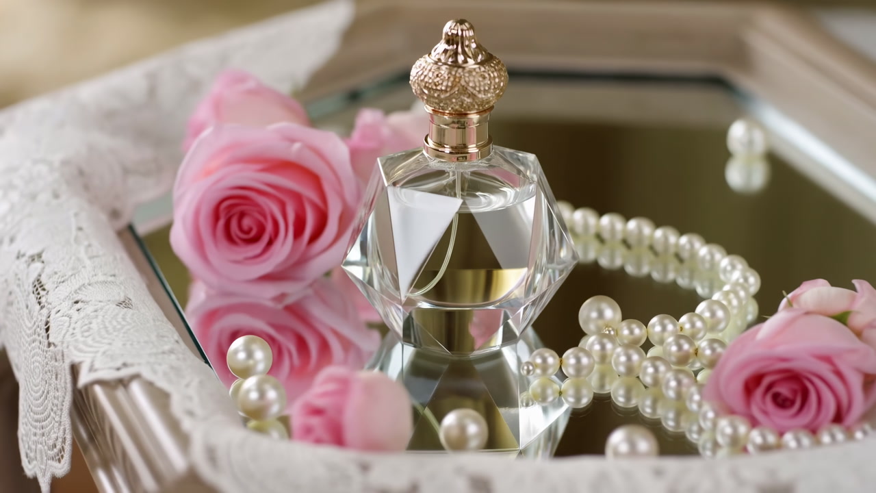 Pink Roses Perfume Bottle On Mirror Lace Edging And Pearl Necklace Beside Crystal Cap Soft Natural Light