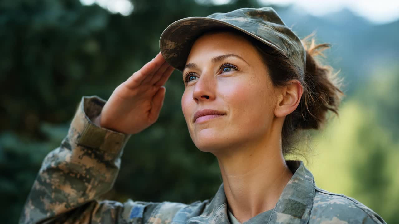 A Confident Female Soldier Saluting with Pride and Commitment, Representing Strength, Service, and Dedication to Her Country in a Gracious Military Posture Against a Natural Background