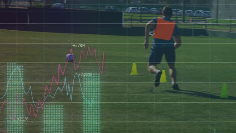animación del procesamiento de datos financieros sobre diversos jugadores de fútbol en el campo