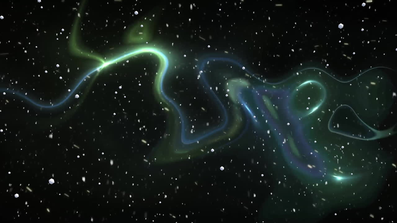 Animation of snow flakes falling over glowing spots on black background