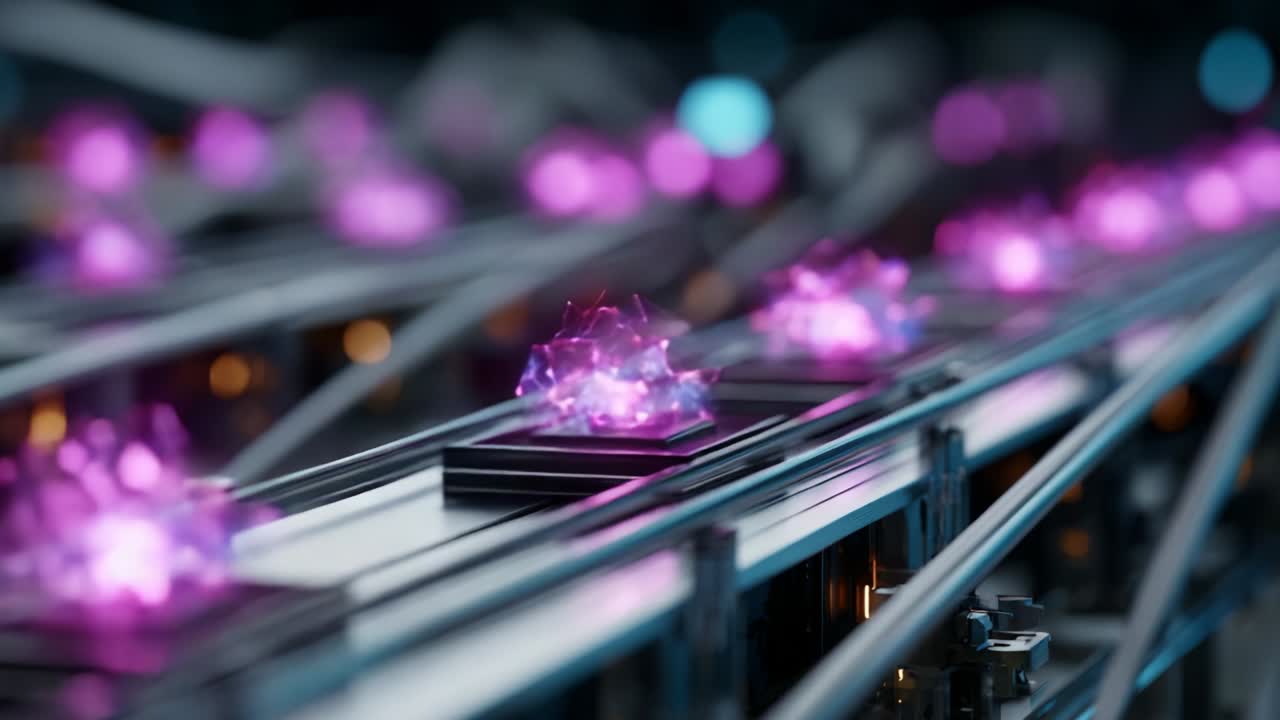 Captivating Visuals of High-Tech Quantum Particles Displaying Luminous Energy Patterns on Advanced Automated Conveyors in a Scientific Laboratory Setting