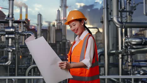side view of asian female engineer with safety helmet looking at blueprint in her hands while standing in a refinery, oil processing equipment and machinery