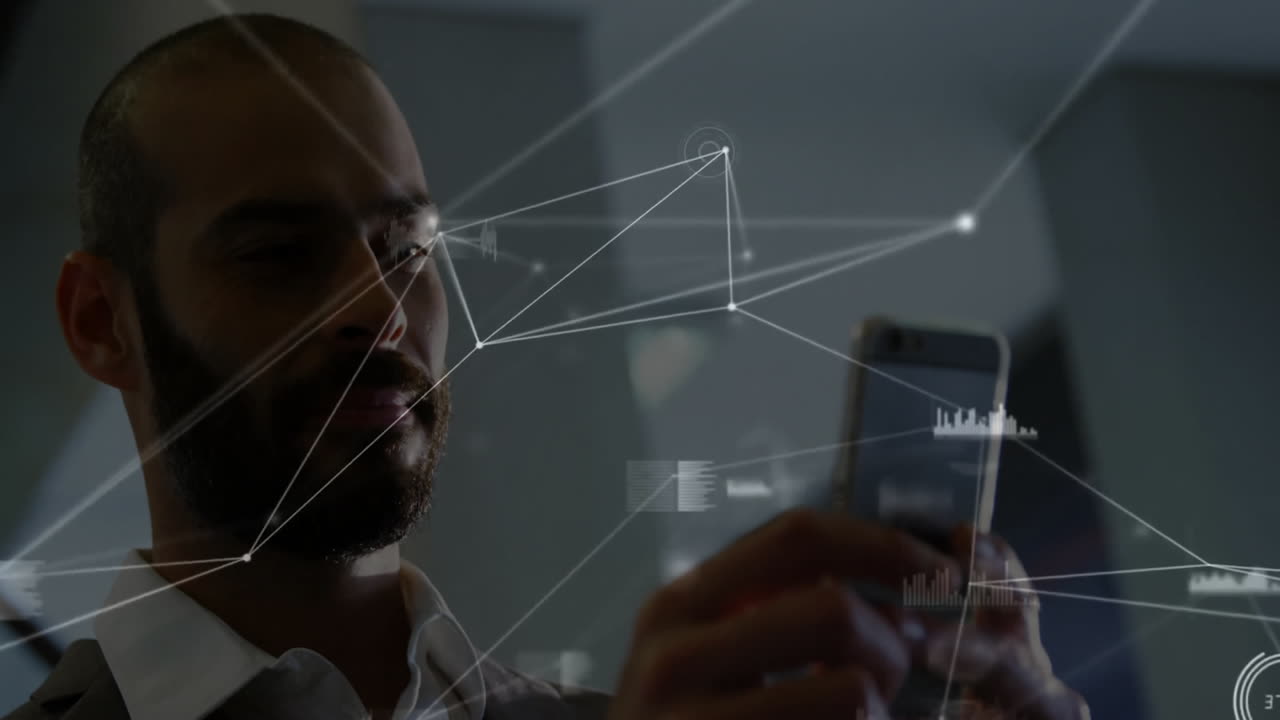Interacting with network connections and data processing animation, man using smartphone