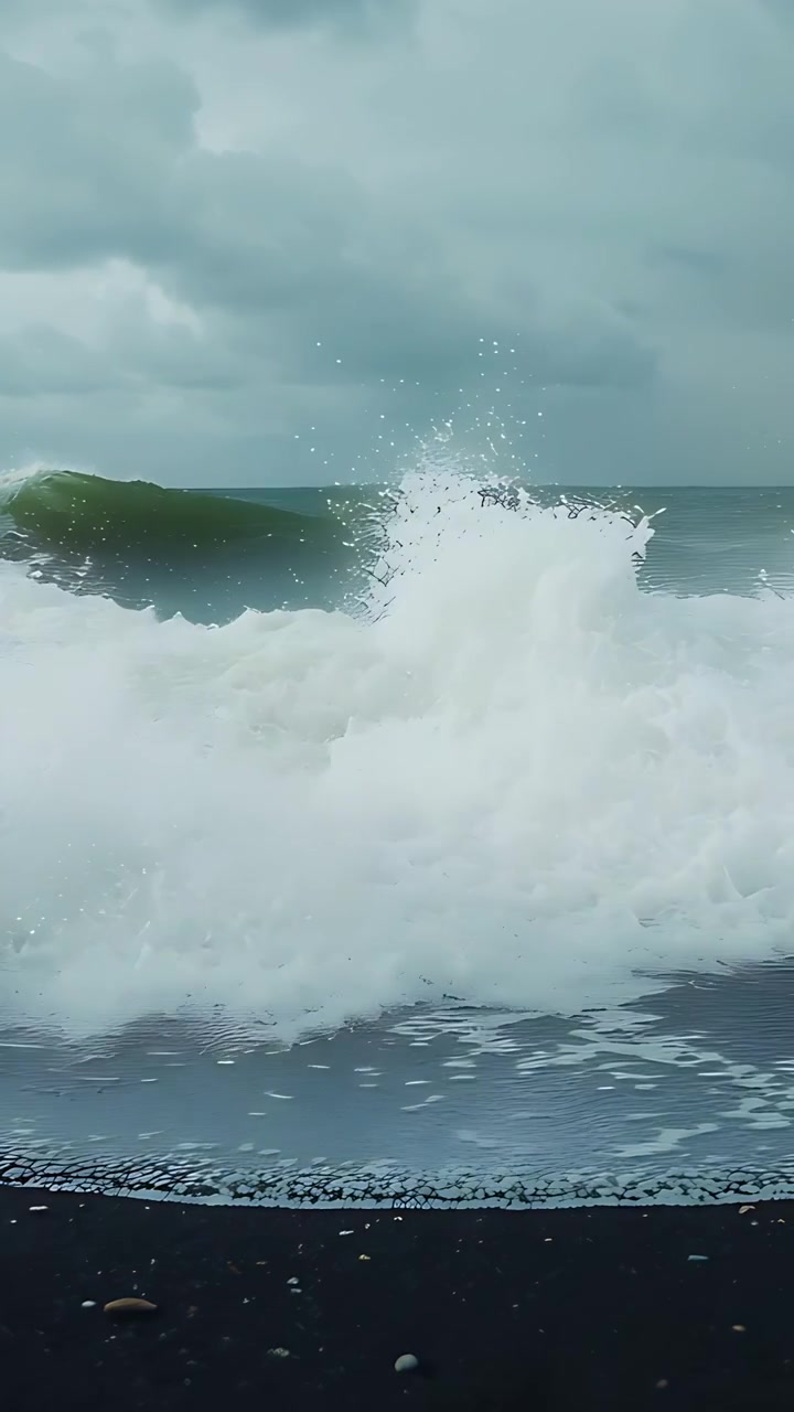 Vertical video: Breaking green crest wave hitting black pebbly sand, swell pushing, spraying foam