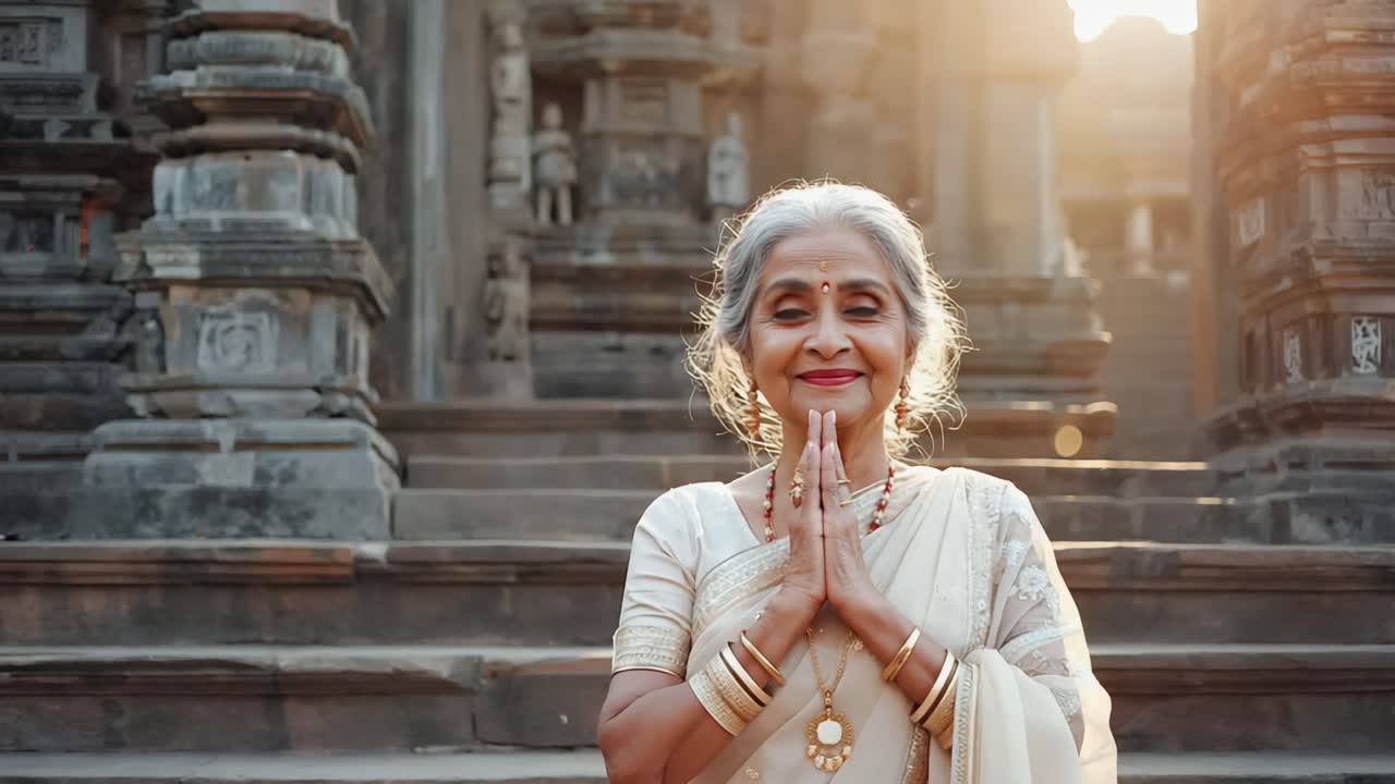 Mature woman wearing white sari and golden jewelry, standing with folded hands in meditative pose near traditional temple, warm sunlight illuminating spiritual moment in India